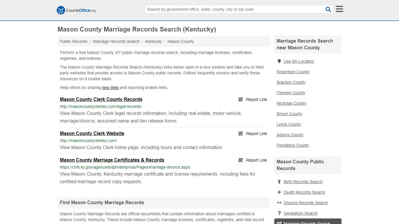 Mason County Marriage Records Search (Kentucky) - County Office