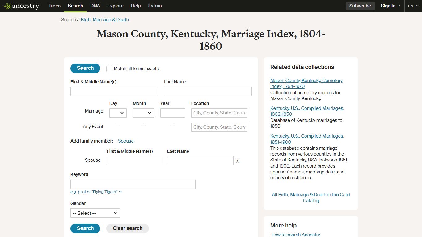 Mason County, Kentucky, Marriage Index, 1804-1860