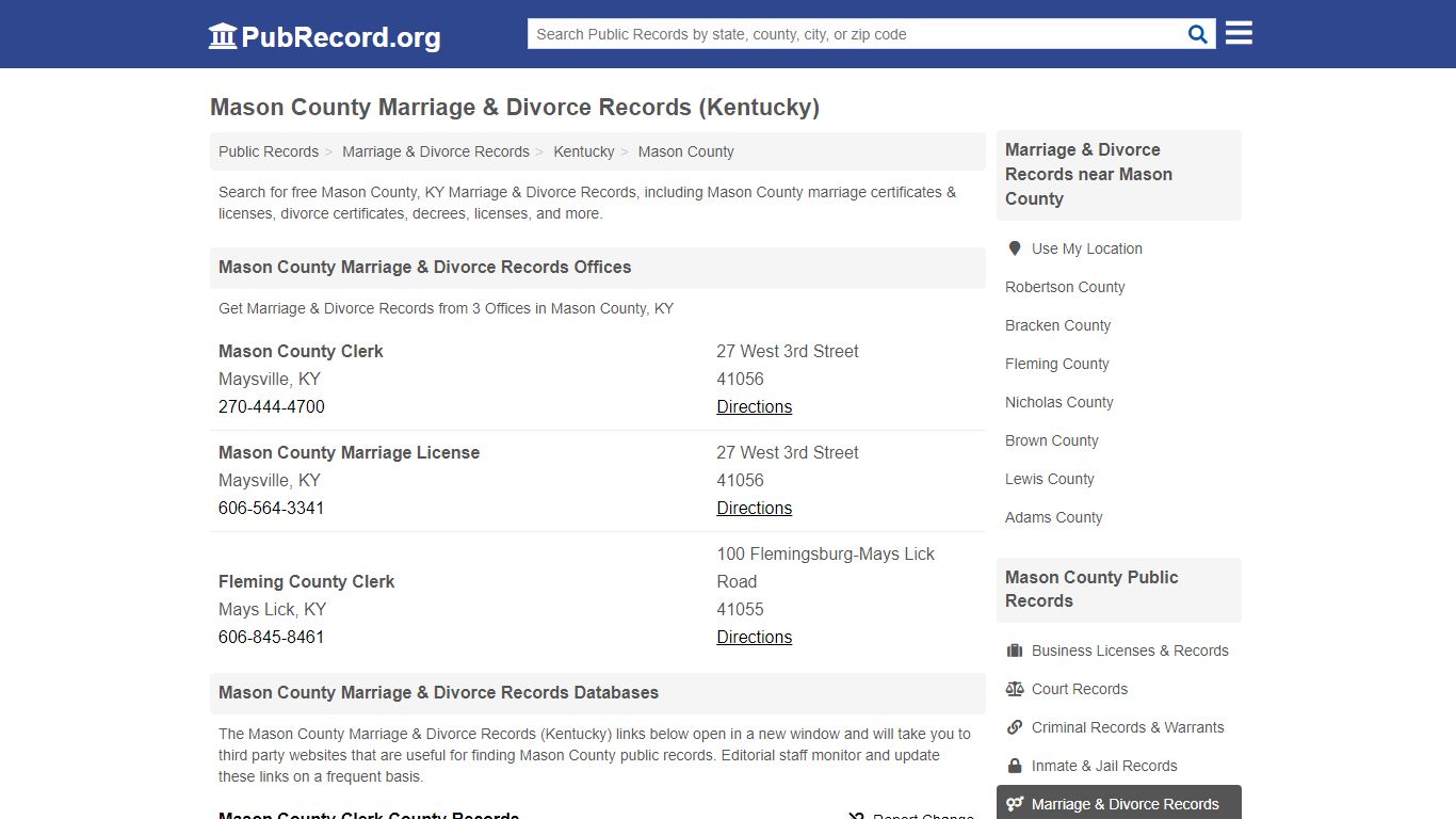 Mason County Marriage & Divorce Records (Kentucky)